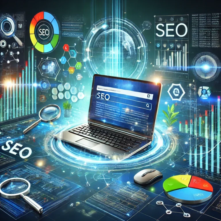 Futuristic computer screen with SEO charts, keywords, and data analytics visuals.